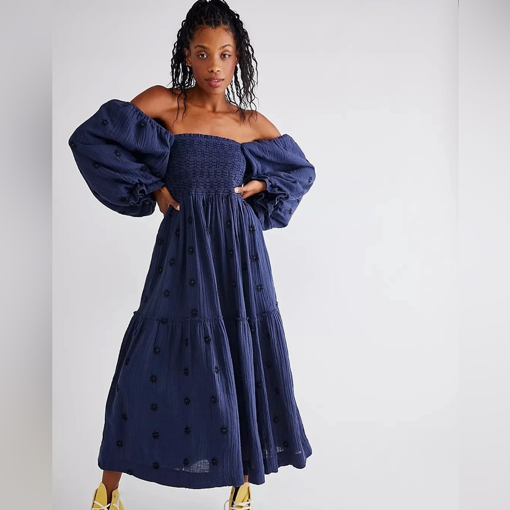 Free People Dahlia Embroidered Maxi Dress Womens XS Navy Blue